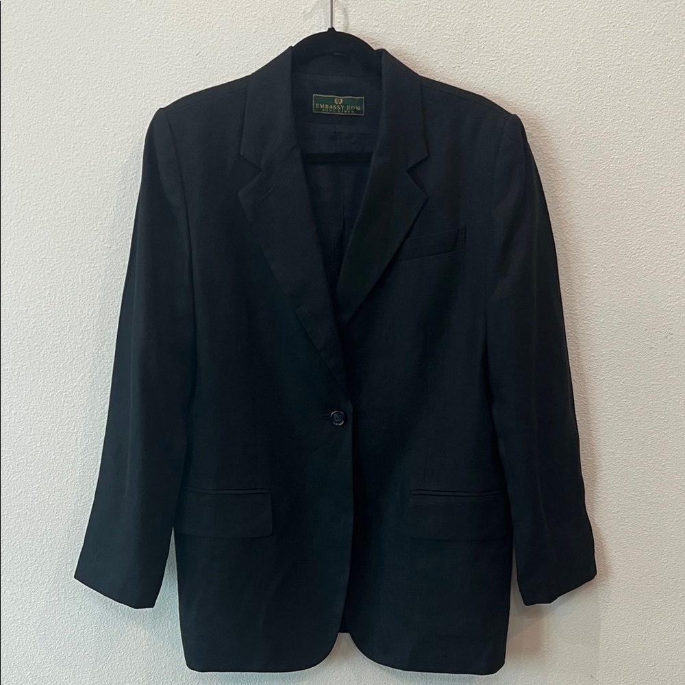 EMBASSY ROW Elegant Black Pure Linen Fully Lined Long Blazer for Women sz12